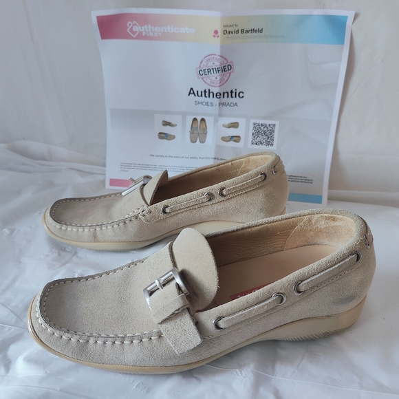 Vintage Prada Women's Beige Suede Buckle Moccasin Shoes w/ COA -Size 35.5/US 5.5 - Picture 8 of 16